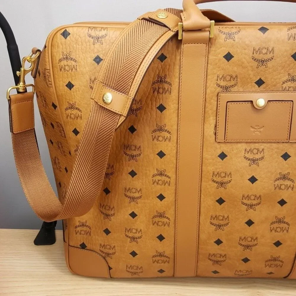 MCM Ottomar Suitcase in Visetos Tan Cognac Leather Weekender Monogram Logo $1390